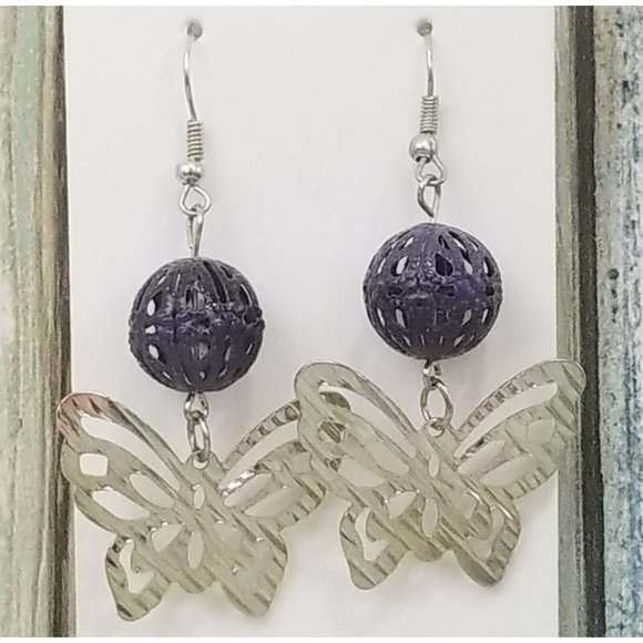 Hammered Textured Dangle Butterfly Earrings 2" Drop Purple Metal Filigree S16 - Picture 1 of 5